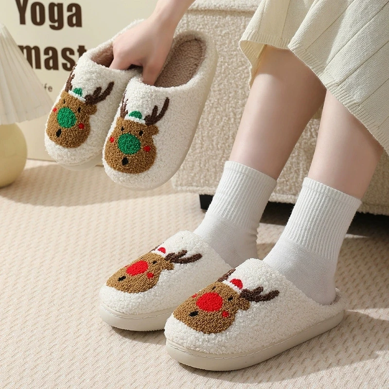 Cartoon Christmas House Slippers Women Cute Gingerbread Winter Warm Slides Couple Flat Heel Round Toe Cotton Slippers Woman