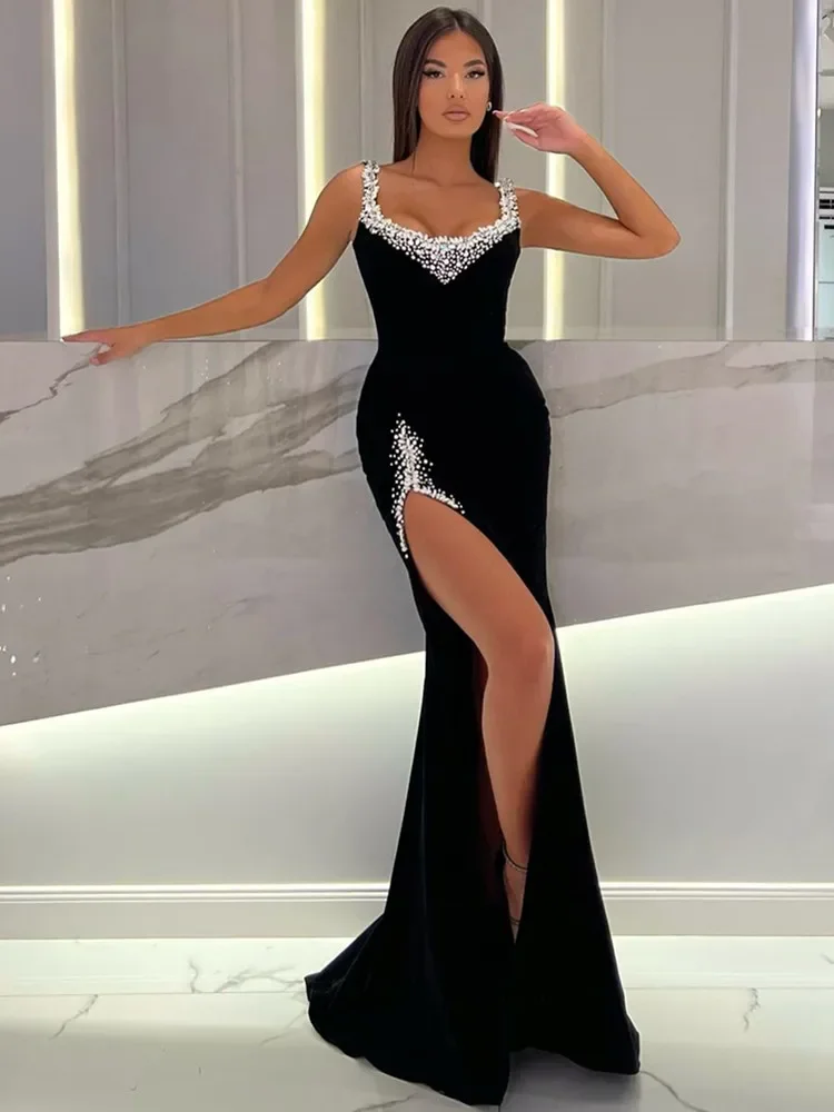 

Women Sexy Pearl Backless Black Split Celebrity Maxi Long Bodycon Dress 2024 Elegant Evening Party Club Stage Show Costume