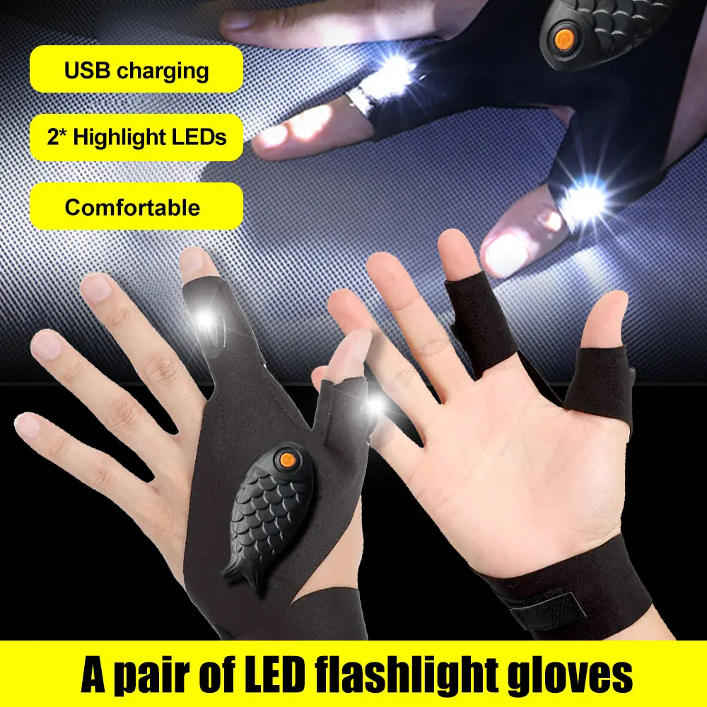 

USB Rechargeable Flashlight Gloves Outdoor Fishing Camping Survival Rescue Night Light Lighting Fingerless Gloves with LED Torch