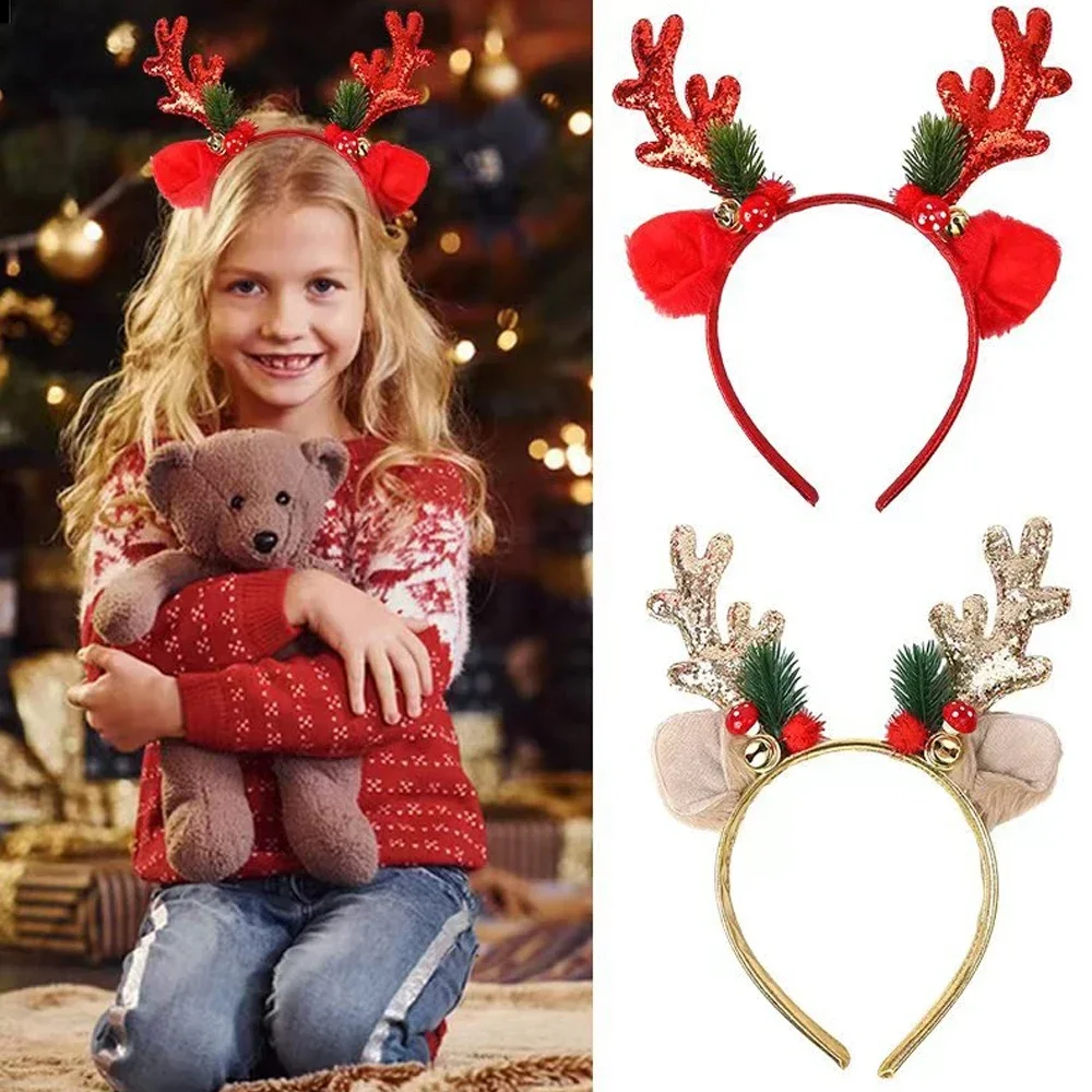 Christmas Headband Christmas Hair Band Merry Decor Gifts for Kids Xmas Elk Horn Bell Sequin Happy New Year Photo Props