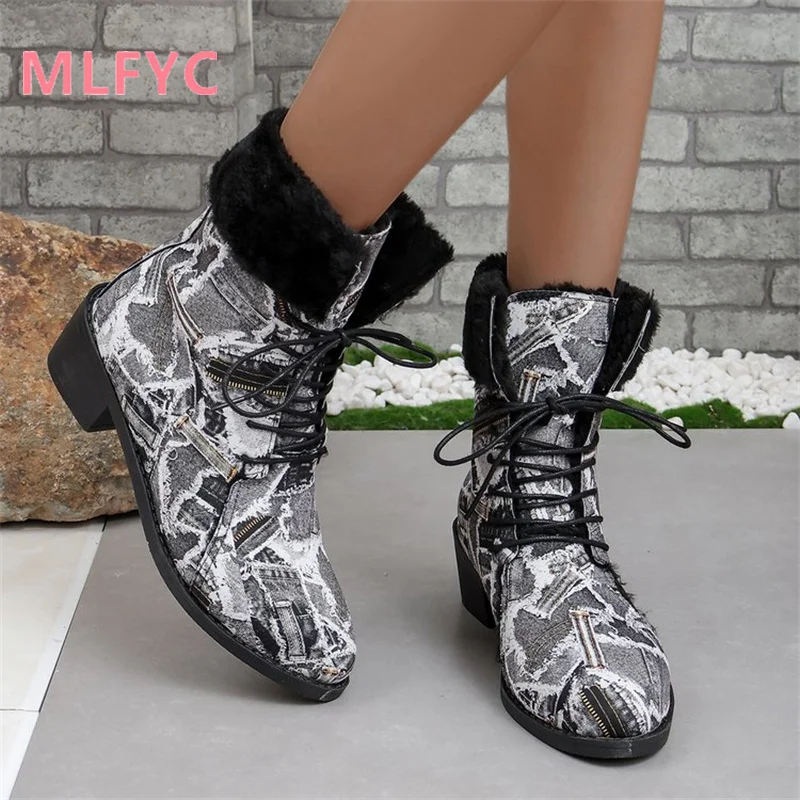 Women's Winter New Women's Lacing Comfortable PU Thick Sole Short Boots Ladies Boots Fashion Simple Round Head Short Boots