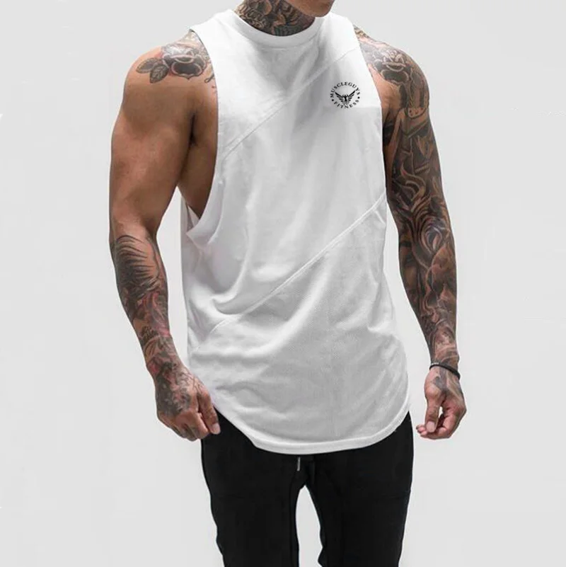 

Men Casual Fitness Muscle Gym Training Sleeveless Loose Tank Tops Summer Moisture Wicking Cool Stitching Mesh Cotton O Neck Vest