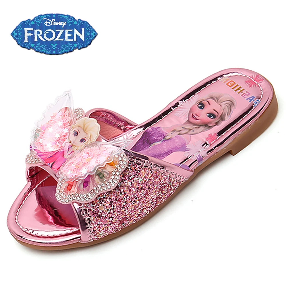 Disney Designer Kids Casual Shiny Slippers For Summer Girls Lovely Bow-trimmed Elsa Princess Shoes Children