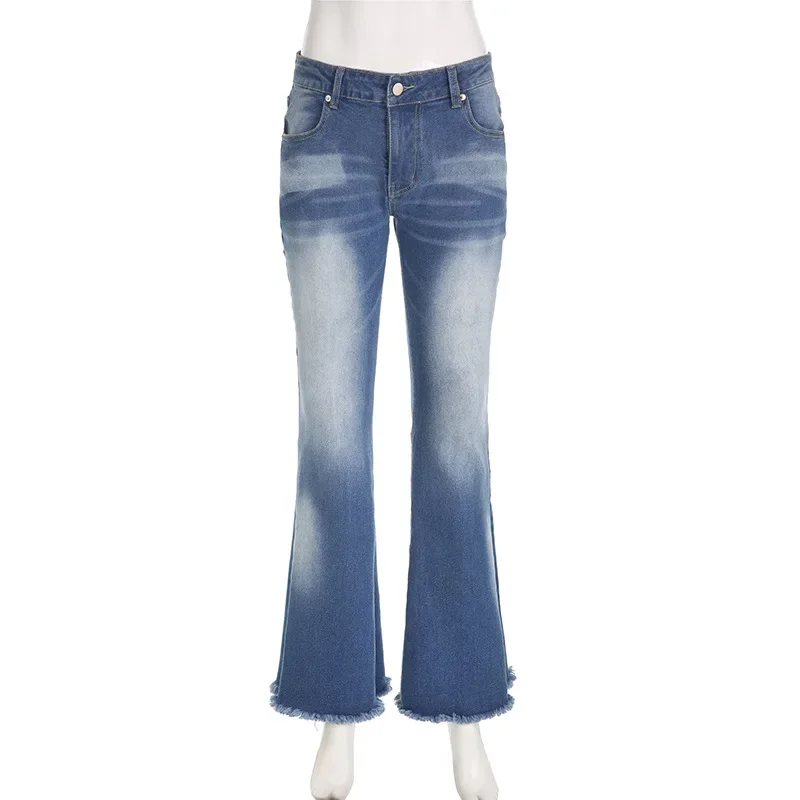

Spicy Girl’s Vintage Distressed Washed Bell Bottom Jeans Autumn Low Waist Slim Hip-Hugging Casual Long Denim Pants for Women