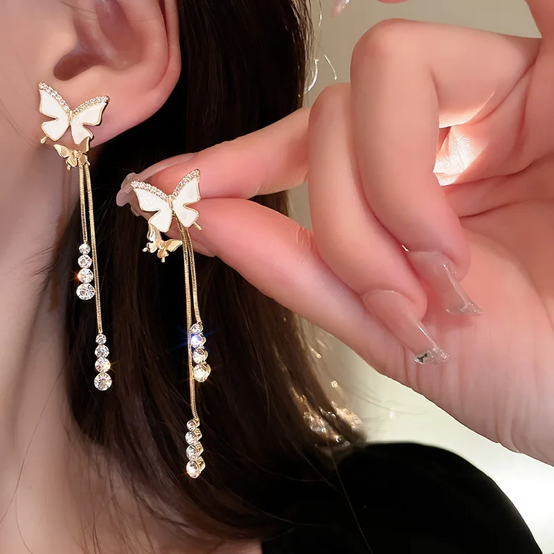 2022 New Zircon Shell Butterfly Tassel Earrings Women\'s Fashion Temperament Long Stud Earrings Wedding Jewelry Birthday Gifts