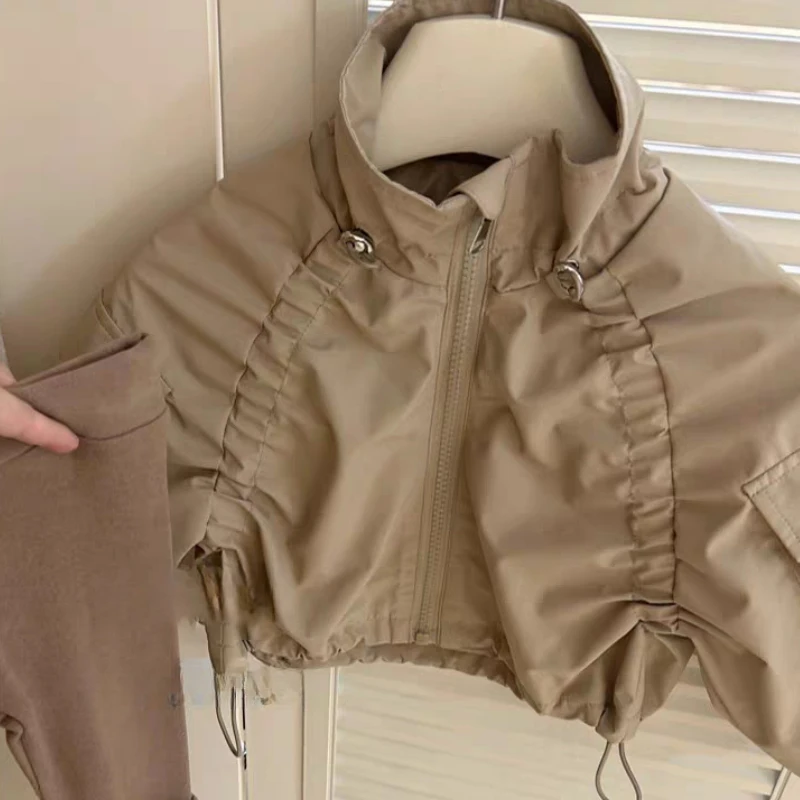 여아 용수철 카키 코트, 스탠드 칼라 충전 의류, 아동용 재킷, 커피 가디건, 새로운 스타일, 여아 패션