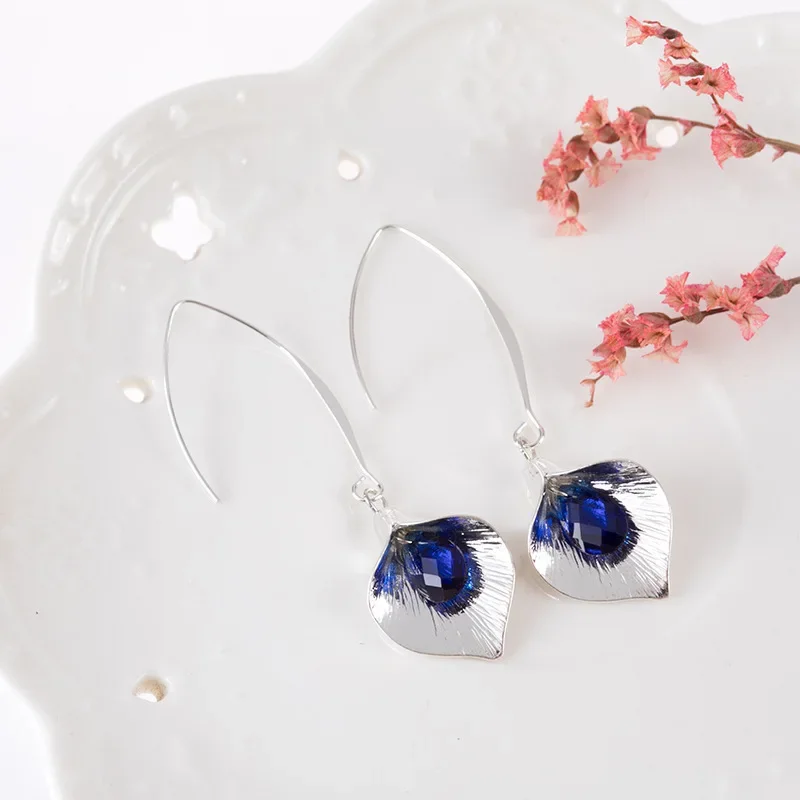 Elegant Blue Teardrop Orchid Bud Crystal Hook Hanging Earrings Dangle Accessory Jewelry Wedding Engagement Women's Earrings