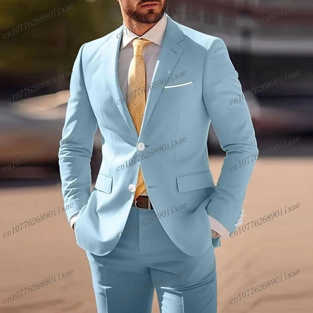 New Light Yellow Formal Occasion Men Suit Groom Groomsman Wedding Party Prom Business Male Tuxedos 2 Piece Set Blazer Pants