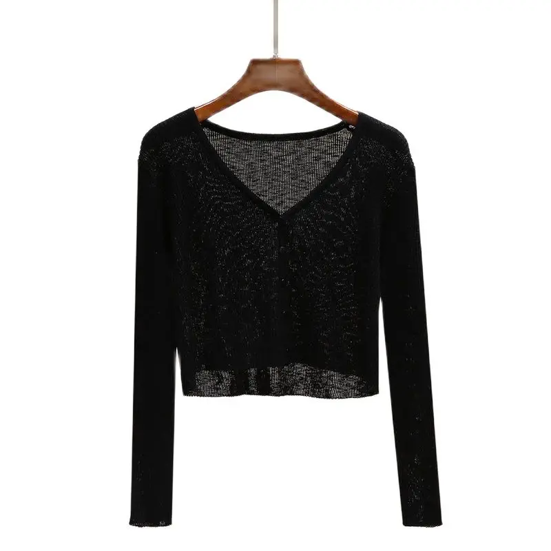 

2022 Spring New Ladies V-neck Short Cardigan Fashion Slim Ladies Knit Casual Sweater Solid Color Long Sleeve Button Top Women