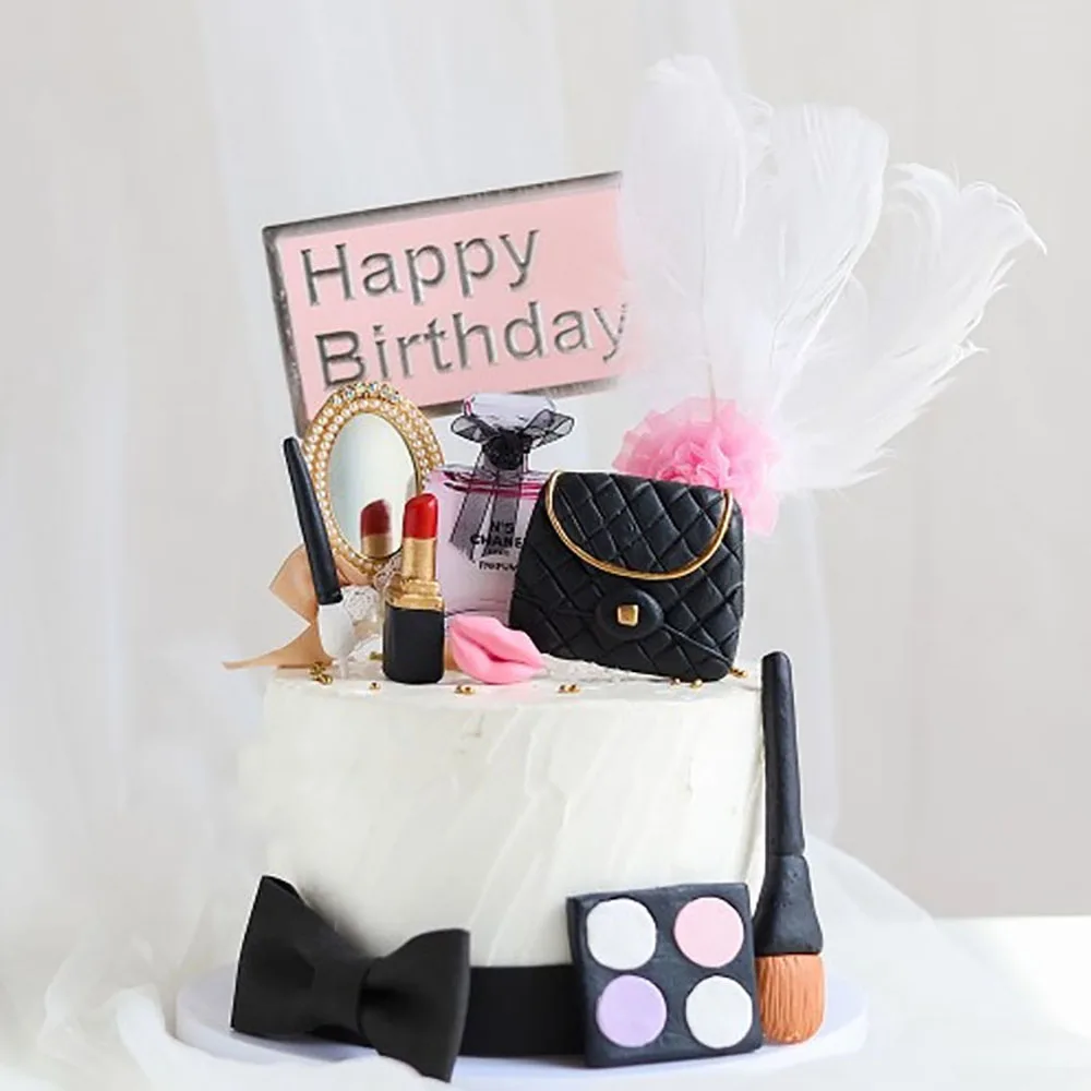 

Cake Topper Decorations Soft Pottery Cosmetics Bag Lipstick Eye Shadow Perfume Bottle Supplies Happy Birthday Valentine's Day