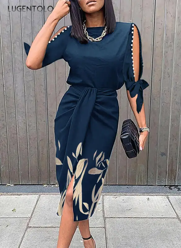 

Women Elegant Slim Dress Beaded Hollow Lace-up Sleeve Office Lady Lady O-neck New Fashion Long Pencil Dress Lugentolo