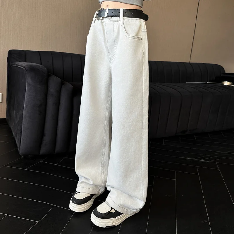 키즈 봄 가을 솔리드 화이트 청바지 십대 소녀 하이 패션 스트리트웨어 바지 아동 루즈핏 스트레이트 레그 데님 팬츠