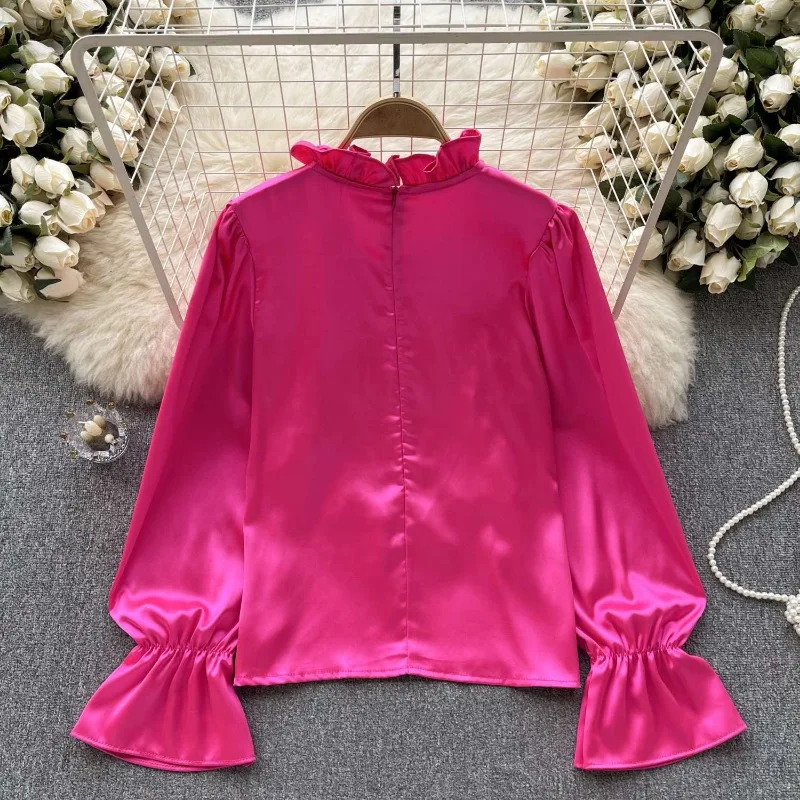 Women Long Sleeve Shirt High Collar Blouse Lantern Sleeve Summer Thin 3D Floral Tops High-end Fashion Womenswea Office Lady