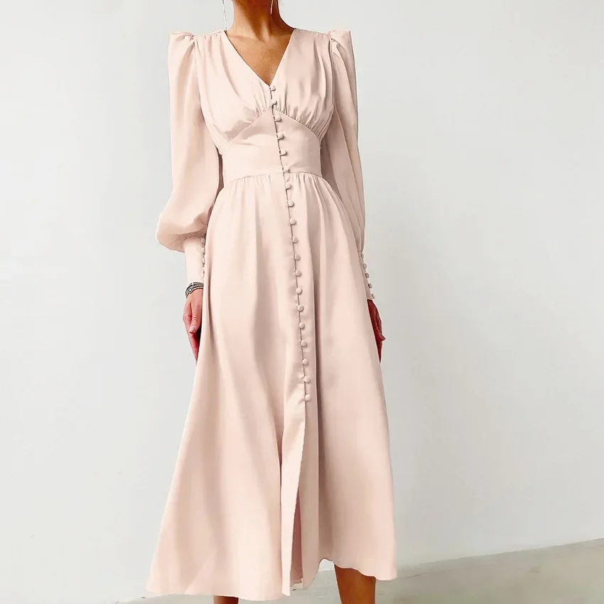 

Hot Sale White Single Breasted Elegant Dress for Women 2023 Party Robe High Waist Satin Long Dress Midi Dresses Lantern Sleeve