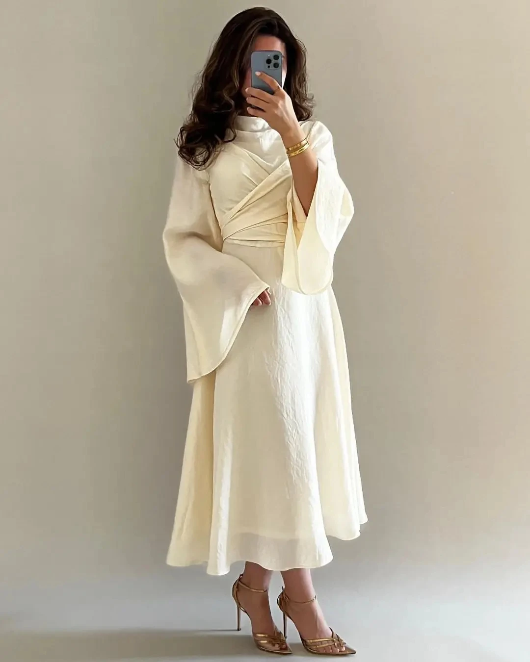 

Vintage O-neck Evening Dress White Chiffon Prom Gown For Women Ankle Length Back Zipper Long Sleeves Formal Wedding Party Dress