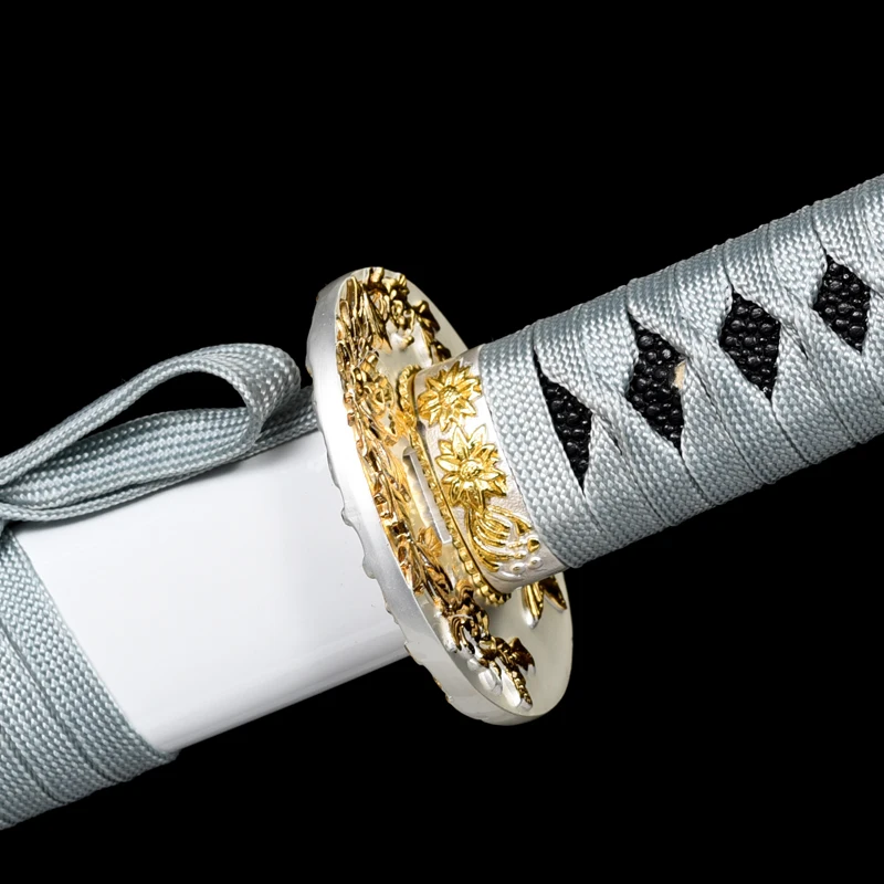 Nice Set 26CM Gray Tsuka Flower Tsuba+Fuchi+Kashira+Habaki+Menuki+