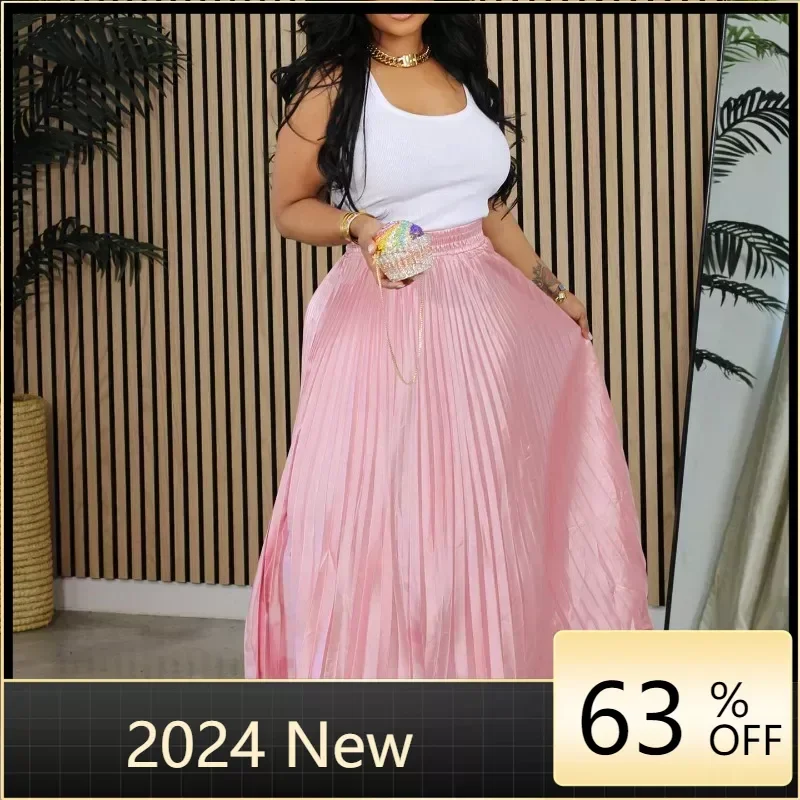 

Women Fashion Pleated Big Swing Maxi Long Skirts 2024 Streetwear INS Vintage Loose Party Evening Skirt