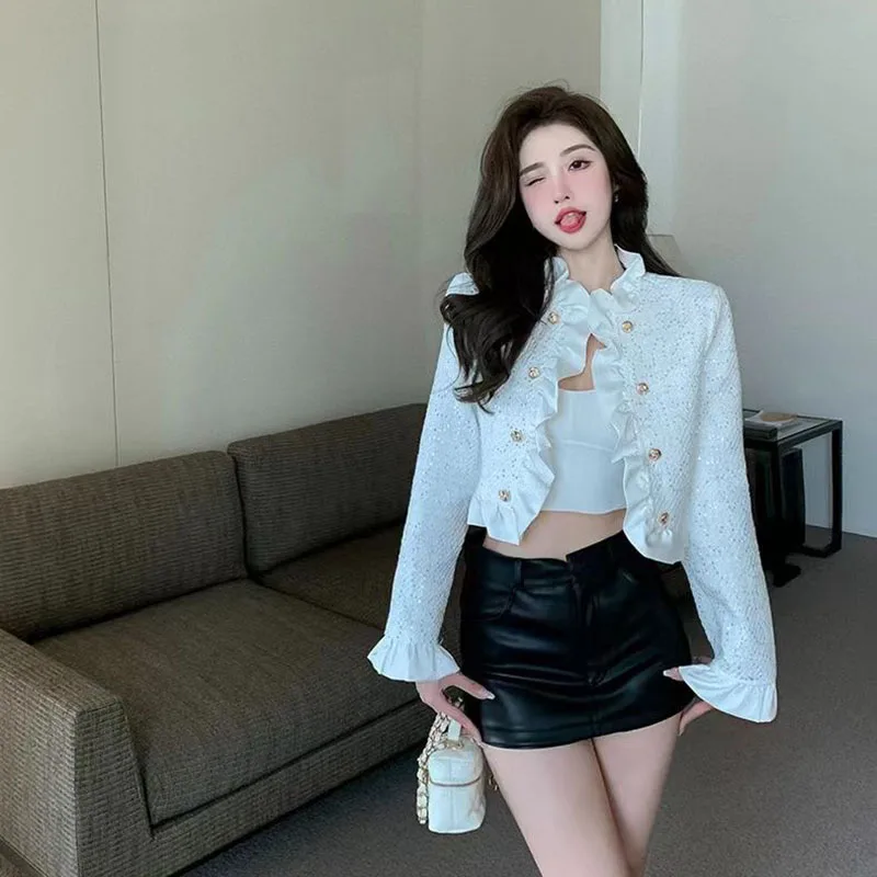 

White Cropped Jackets Women Spring Korean Elegant Ruffles Double Breasted Coat Y2K Ladies Fashion Chic Short Tweed Cardigans