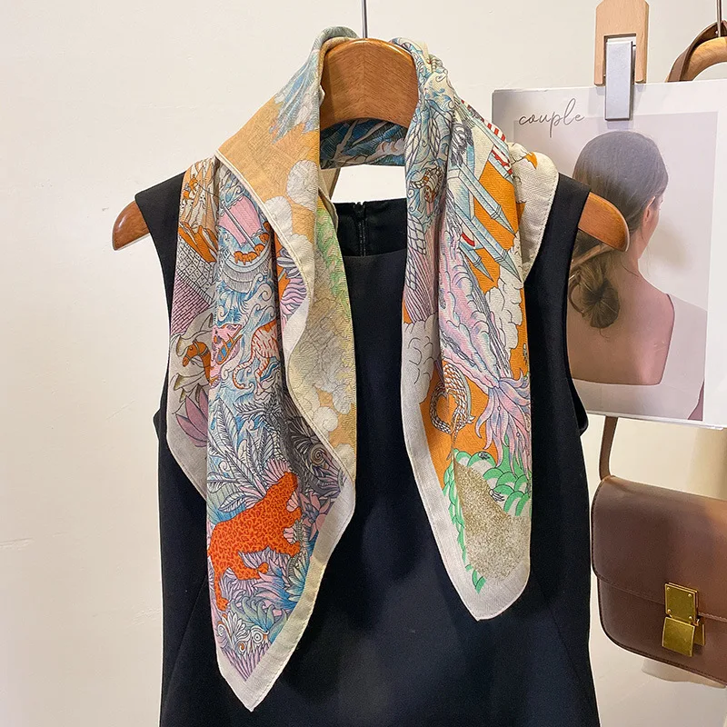 Luxury Animals Floral Print 70cm Cotton Velvet Square Scarf for Women Soft Neckerchief Lady Hijab Neck Tie Hair Headbands printed scarf square scarf
