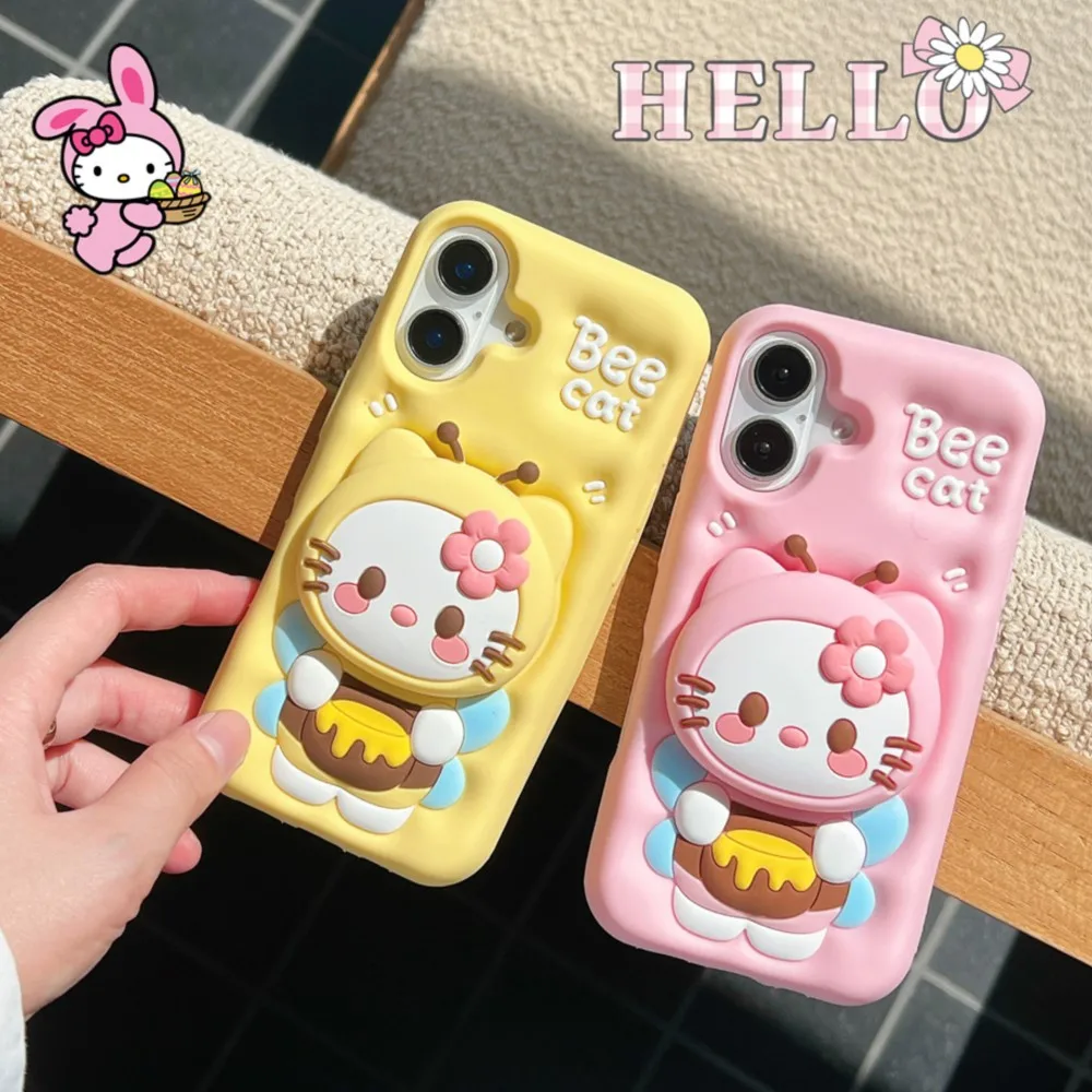 3D Bee Hello Kitty Face Grip Tok Holder Cartoon Phone Case For iPhone 16 15 12 13 14 Pro Max 15 Plus 11 XR Soft Silicone Cover