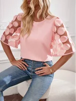 Été et automne à la mode couleur unie dentelle à manches longues col rond hauts chemisier chemise pour les femmes 2