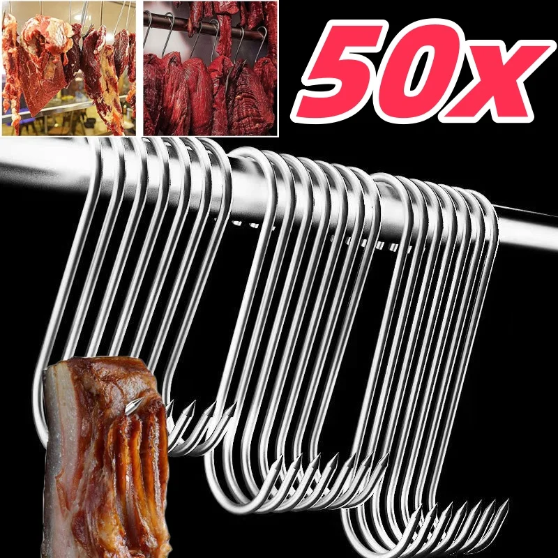 50/5PCS Stainless Steel S-hook With Pointed Tip Meat Hanger Hook Tools for Butcher Shop Kitchen Hooks Home Storage Organization