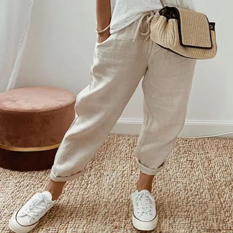 Womens Clothing Drawstring Loose-fitting Cotton Linen Trousers Summer Solid Color Pockets Elastic Casual Nine Points Pants