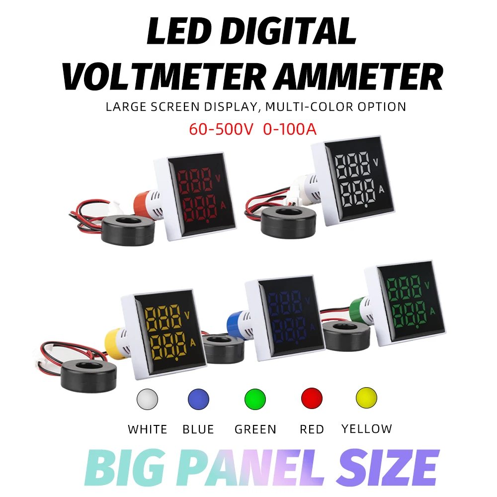 

Big LED 2in1 22mm Large Display Digital Ammeter and Voltmeter Meter 60-500V 0-100A AC Current Indicator Digital Voltage Amp