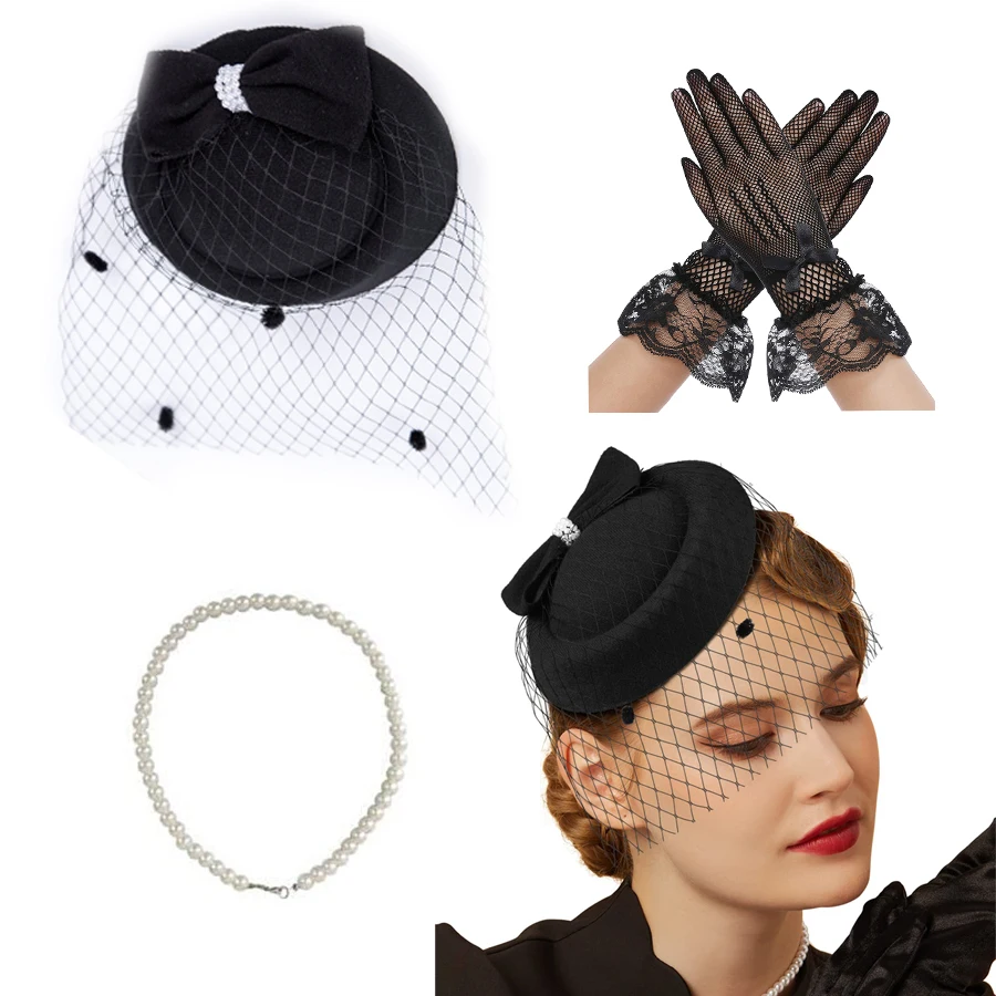 Fascinator Hats Fascinators Hats 20s 50s Hat Pillbox Hat Cocktail Tea Party Headwear with Veil Necklace gloves Set for Girls and Women