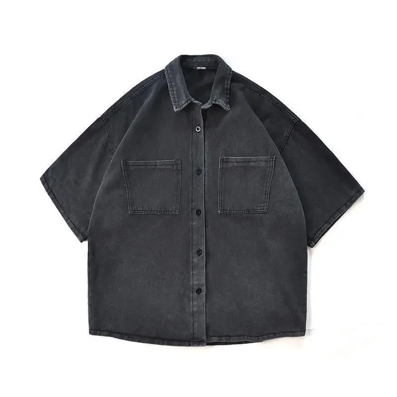 Loose Short Sleeve Men's Denim Shirt Summer Casual Style Half Sleeve Jacket Hong Kong Wind Japanese Design Trendy Outerwear denim shirt