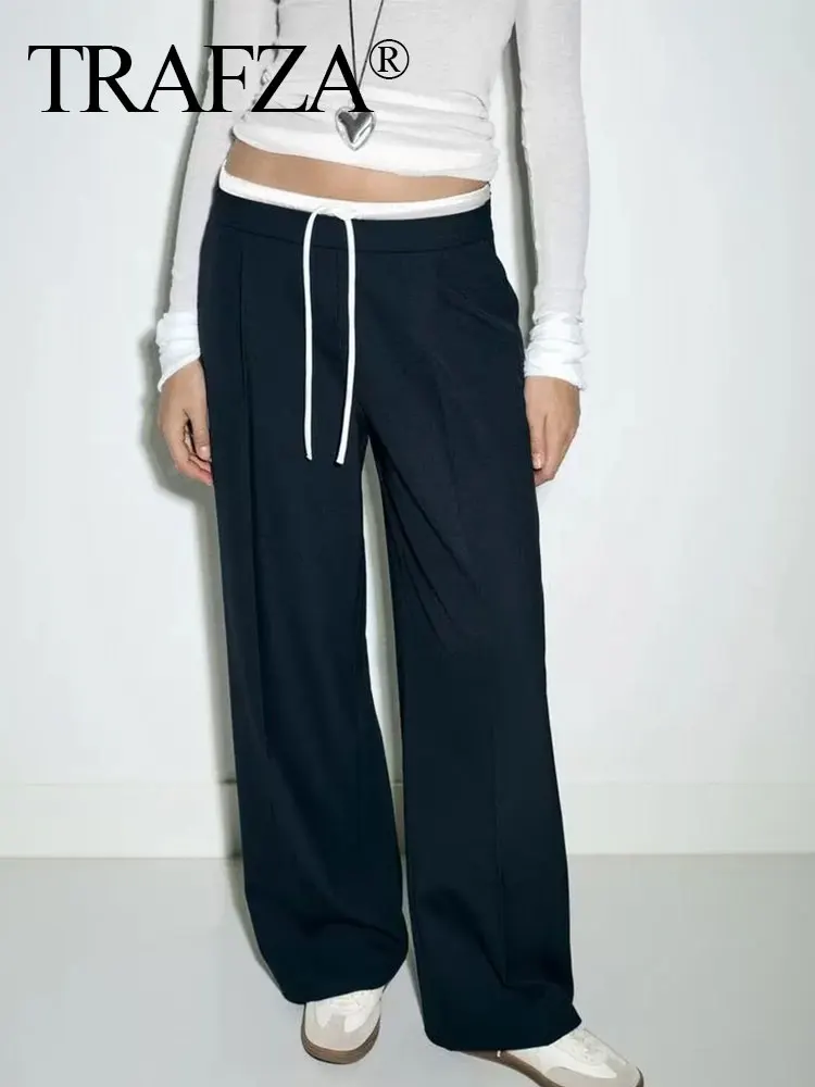 TRAFZA 2024 Women Fashion Vintage Solid Straight Pants Side Zipper Drawstring Casual Trousers Spring New Female Wide Leg Pants