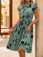 Summer Women Round Neck Pleated Medium Long Plus Size Dress - Image 3