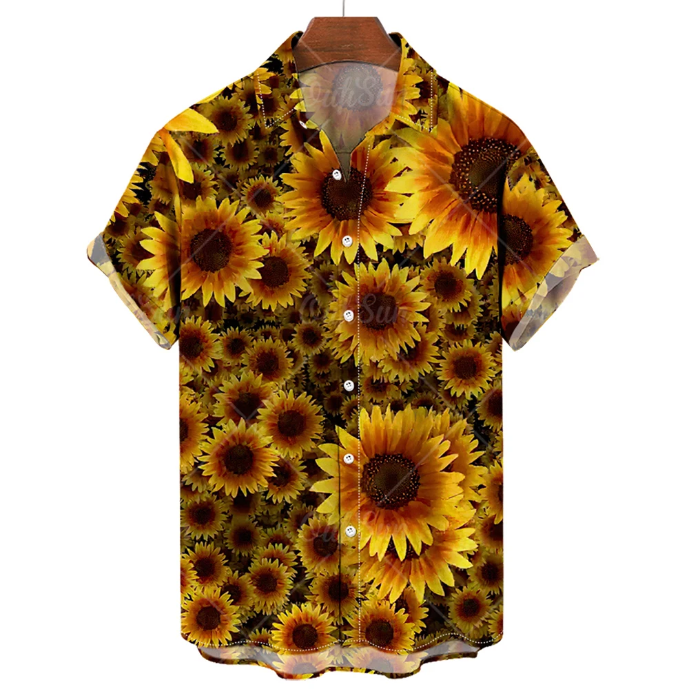 Hawaiian Mens Shirts Sunflower 3d Print Shirts For Men Lapel Fashion Short Sleeve Mens Clothing Loose Oversized Tops