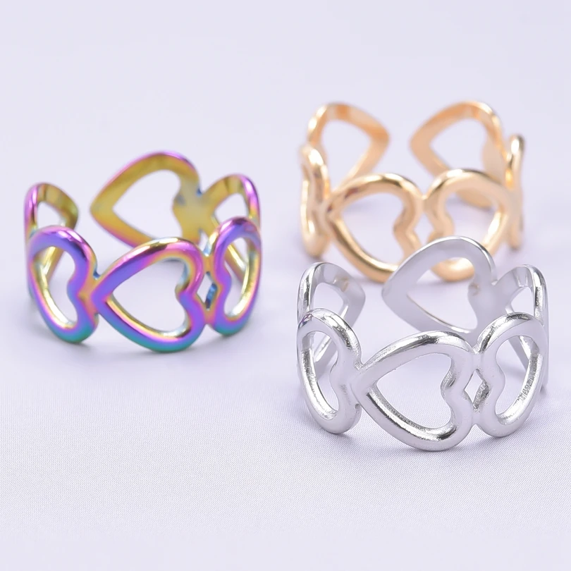 

5Pcs Classic Romance Love Heart Jewelry Man And Women Tail Ring Openwork Charm Opening Adjustable Steel Rings Gold Silver Color
