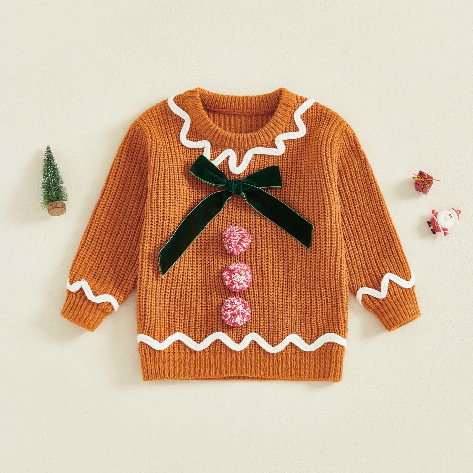  소녀 크리스마스 스웨터 긴 소매 크루 넥 리본 겨울 따뜻한 니트 풀오버 스웨터  의류