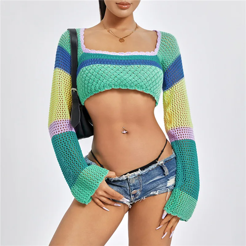 

Women Knitted Crop Tops Spring Fall Sweaters Long Sleeve Pullover Tops Square Neck Contrast Color Streetwear for Casual Daily