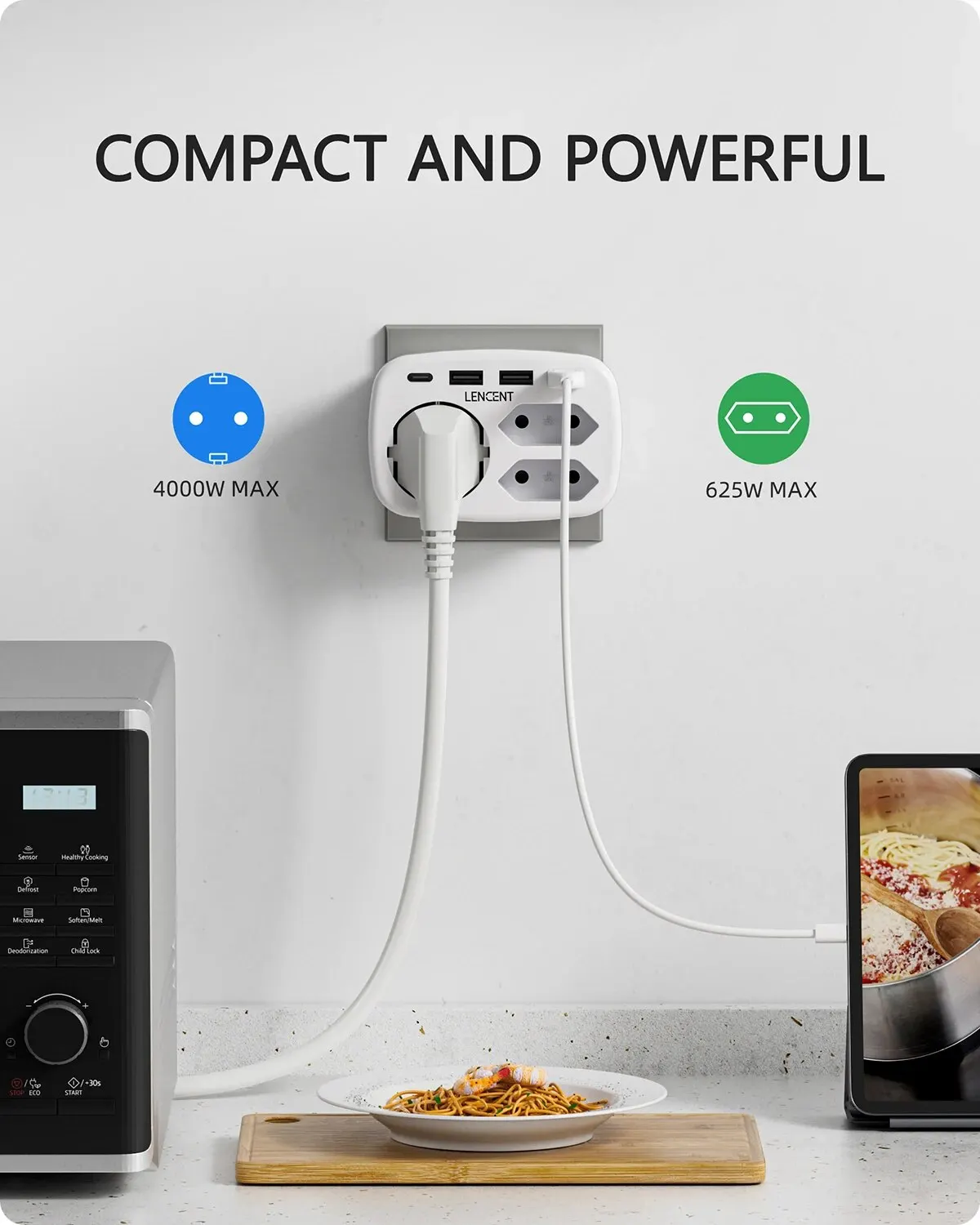 LENCENT EU Plug Multiple Wall Socket Extender 3 AC Outlets 3 USB Ports 1 Type C 7-in-1 Plug Adapter For Home and Office plug adapter wall socket extender