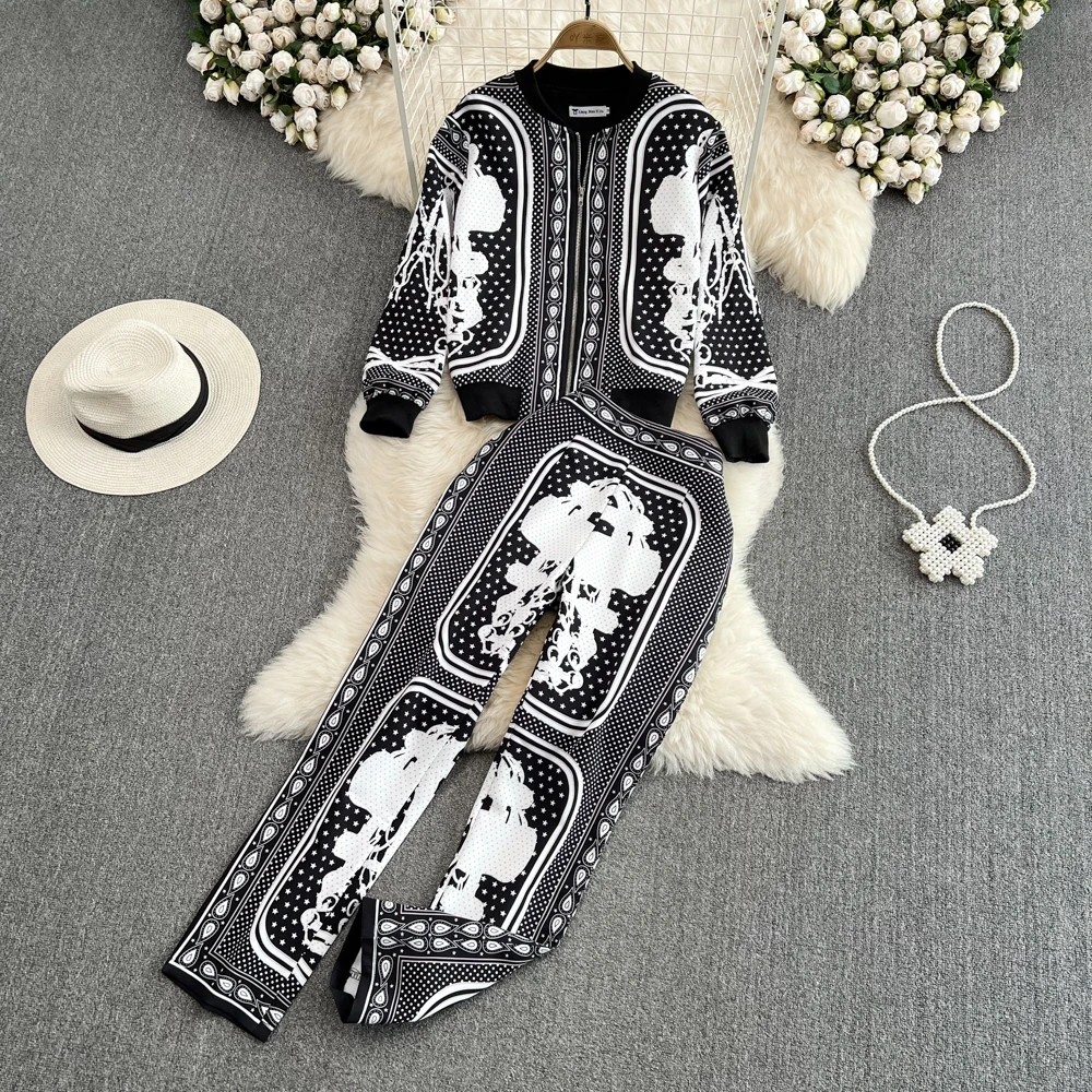 

Women's Vintage Round Neck Print Zipper Jacket Coat Two-piece High Waist Trousers
