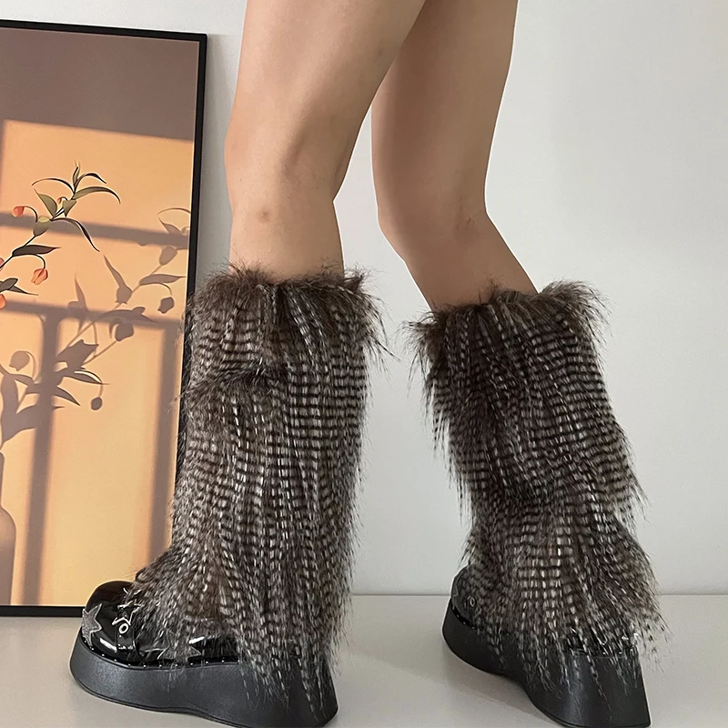 Y2K Goth Furry Faux Fur Women Leg Warmers Boot Covers Harajuku Lolita Girls Punk Fashion Cute Jk Hipster Warm Fluffies Leggings