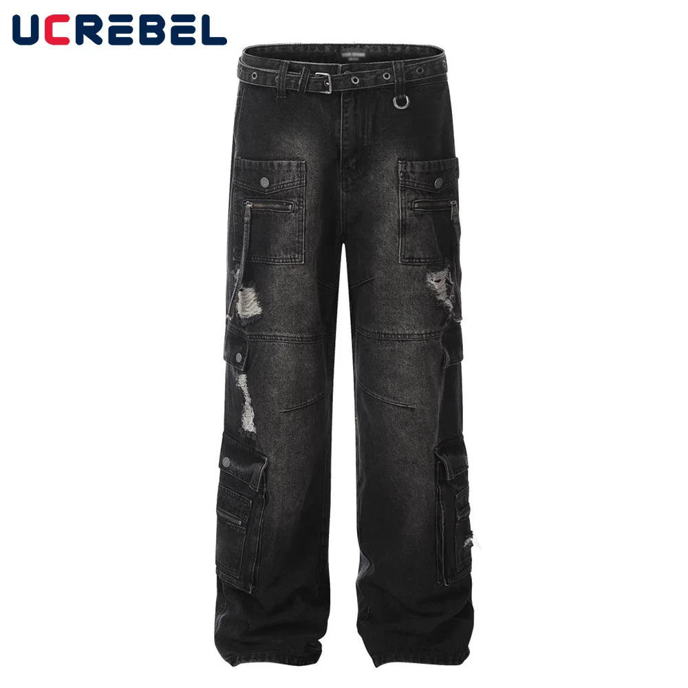 

Pocket Ripped Jeans with Belt Mens Washed Black High Street Straight Wide Leg Loose Denim Pants Men