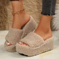 Autumn Winter Wedge Fluffy Slippers Woman 2025 New Home Fur Slippers for Women Chunky Platform Slides Cozy Fuzzy Indoor Shoes 1