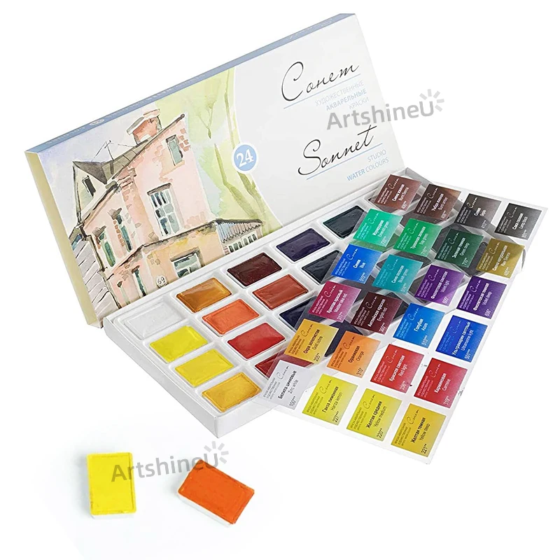 Portable Russian White Nights Sonnet Artists Watercolour Paint Set 12/16/21/24 Colours for Painters Enthusiasts Art Supplies