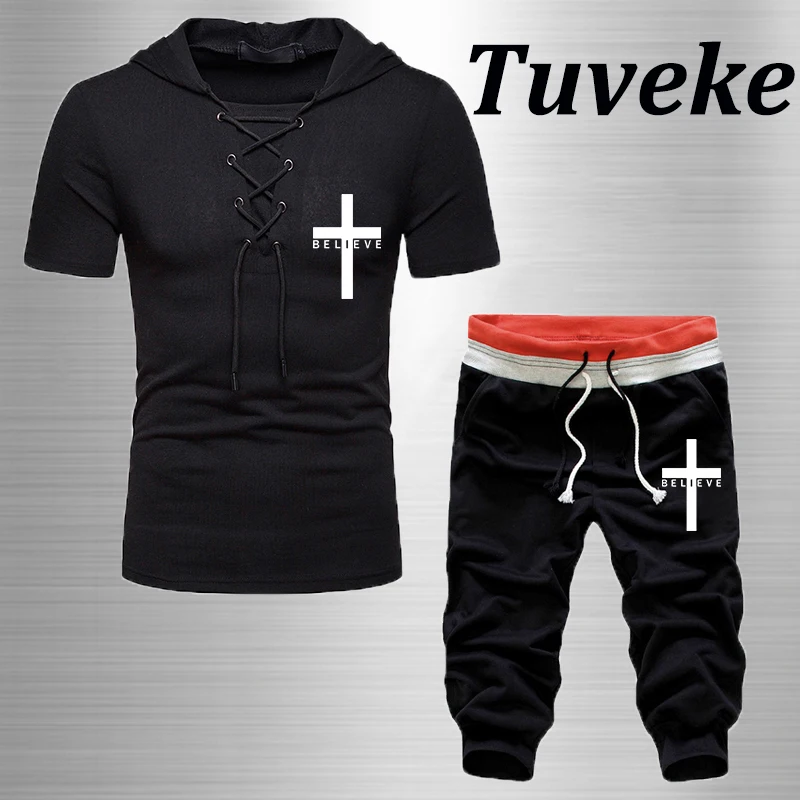 Tuveke Summer Men's I Believe in Jesus Christ Print Design Hooded Drawstring Short Sleeve Suit Hooded Solid 2 Piece Set tuveke summer newest men s jesus christ print design hooded drawstring suit solid color sports slim versatile casual suit s 4xl