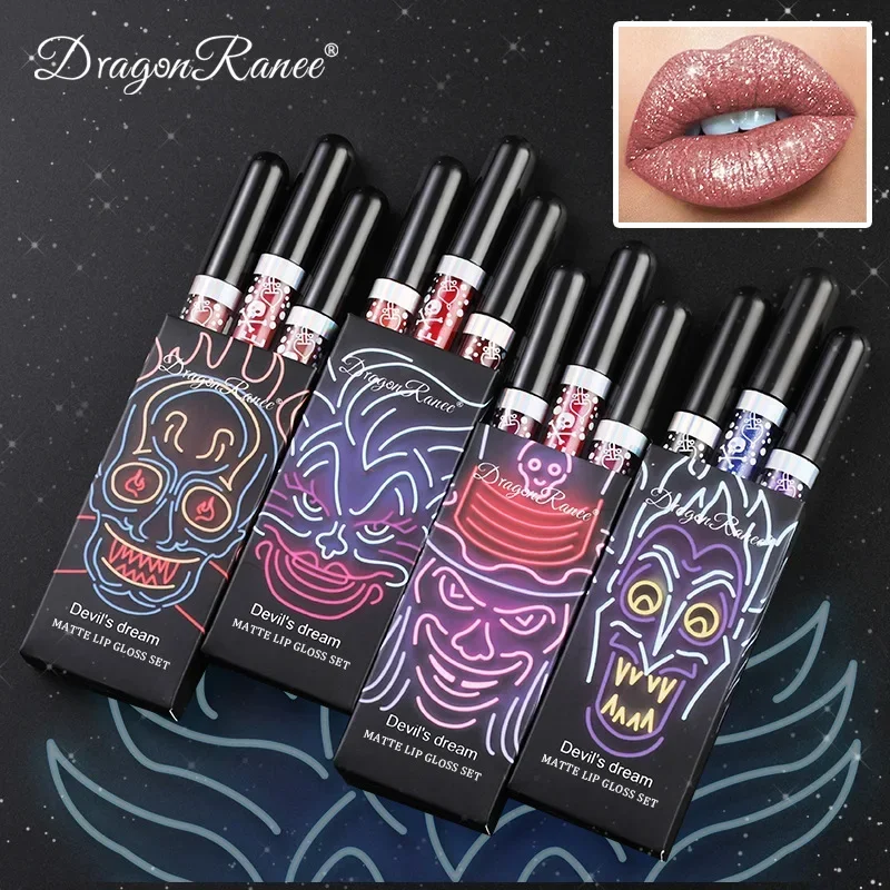 3pcs Glitter Lipstick Set Waterproof Sexy Blue Purple Black Lip Gloss Shiny Lip Tint Halloween Lip Makeup Tool Korean Cosmetics 2