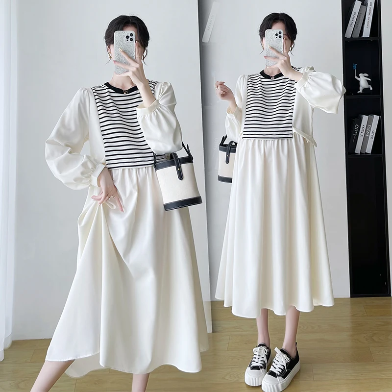 

Maternity Spring Autumn Clothes Dress For Pregnant Women 2024 New Fashion Patchwork Long Sleeve O-neck Lacing Pregnancy Dresses