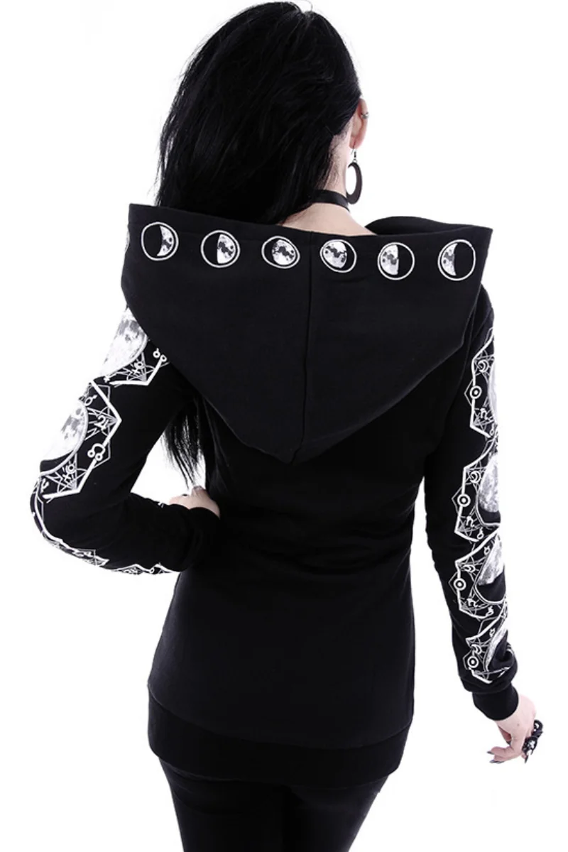 

2024 Hot Selling Black Punk Peng Hooded Moon Print Long Sleeve Zipper Pocket Hoodie Coat