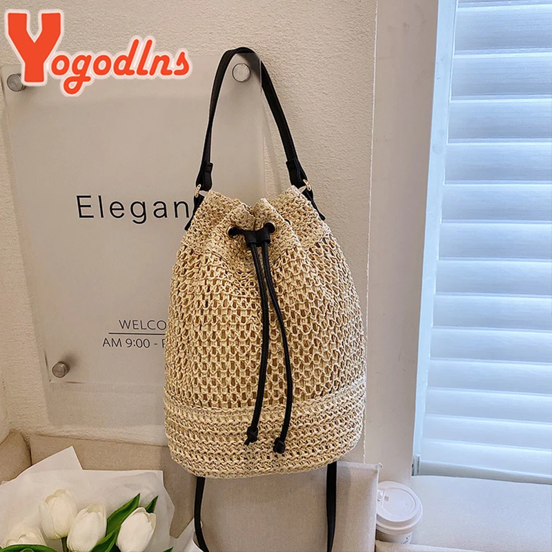 Summer Braided Straw Bucket Bag For Women Simple Drawstring Shoulder Crossbody Bag Travel Beach Bag Casual Wove Handbag