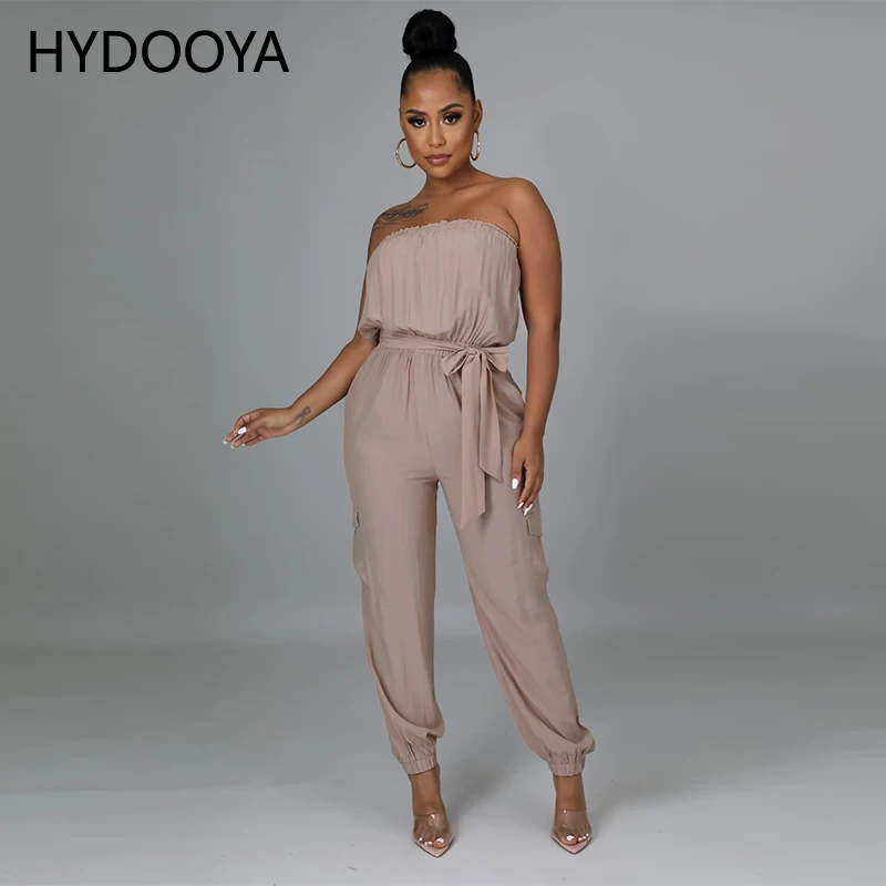 Summer Sexy Off Shoulder Strapless Jumpsuit Women Solid High Waist Sashes One Piece Overalls Fashion Ladies Side Pocket Outfits