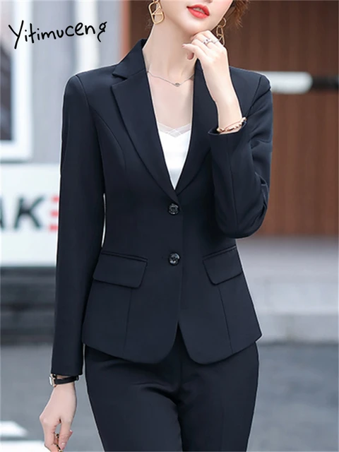 Yitimuceng Blue Suits for Women 2023 Fashion Long Sleeve Office Lady Single  Button Blazer Chic High Waisted Pants 2 Piece Set