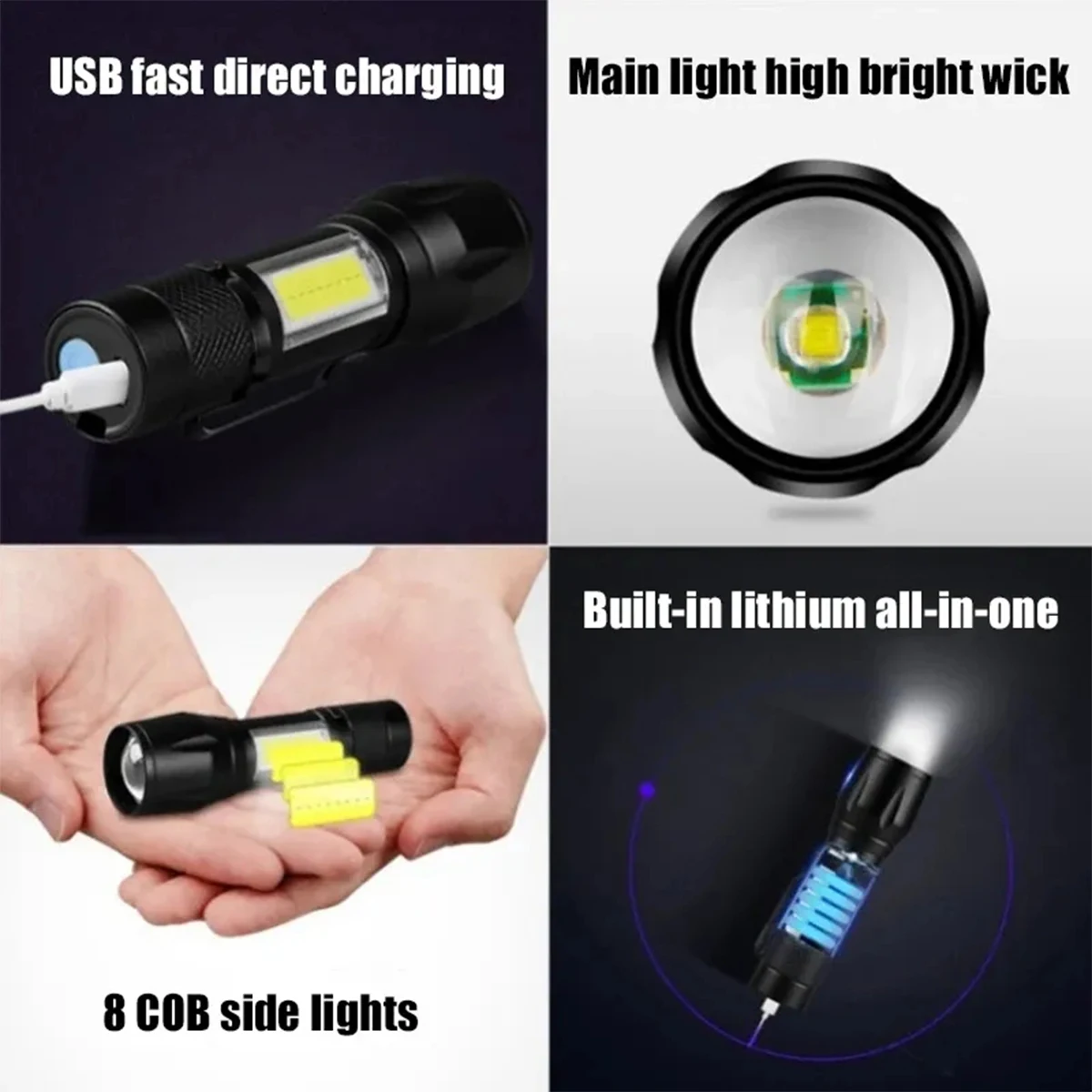 Compact LED Flashlight with Built-In Rechargeable Battery and Clip